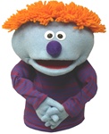 Blue puppet with orange hair.