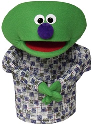 Dome is a green hand puppet with no hair.