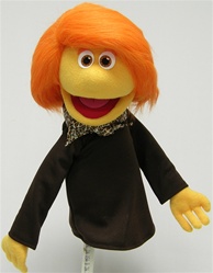 16" girl puppet with yellow skin and orange hair.