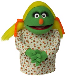 16" Green girl puppet with yellow pigtails. From our Quimper's Corner collection of professional puppets.