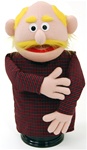 16" peach skinned dad puppet with yellow mustache and receding yellow hair.