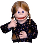 18" farm girl puppet with human style wig featuring long blonde pigtail braids.