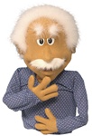 Honey skin colored puppet designed to look like Albert Einstein.