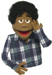 AJ is a cocoa skinned professional puppet with black curly hair.