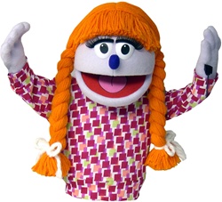 Priscilla is a girl puppet with lavender skin and orange braided pigtails.