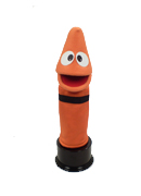 The orange crayon puppet has dopey eyes.