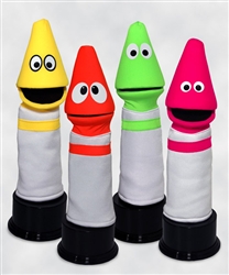 4 different color black light crayon puppets.