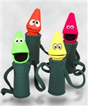4 different color Christmas light / black light crayon puppets.