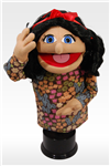16" honey skinned woman puppet with black wig.