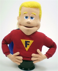 Muscular Super Hero puppet with peach skin and handsome blonde hair.