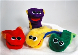 Colorful, furry hand puppets for clowns and kids.