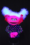 Pink blacklight puppet with yellow boa hair.  Professional girl puppet.