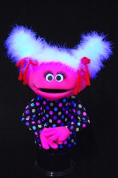 Pink blacklight puppet with yellow boa hair.  Professional girl puppet.
