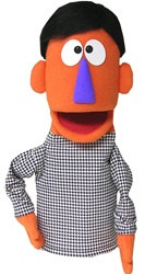 Ralph is a small puppet with orange skin and black hair.
