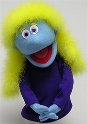 16" tall with yellow boa hair and blue skin.  Luxi is a professional hand puppet.