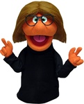 This professional puppet measures 16" tall and has orange skin and brown hair and black rimmed glasses.