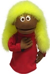 Luxi is a hand puppet with yellow boa hair and brown skin.