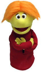 This professional hand puppet is 16" tall and has yellow skin and orange hair.