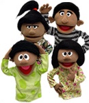 Family of hand puppets with cocoa skin measures 14" tall.