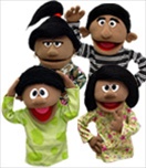 Family of hand puppets with cocoa skin measures 14" tall.