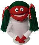 A 13" girl puppet with red skin and green yarn pigtails.