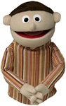 13" child puppet with peach skin and brown hair.