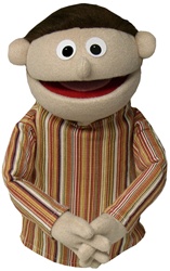 13" child puppet with peach skin and brown hair.
