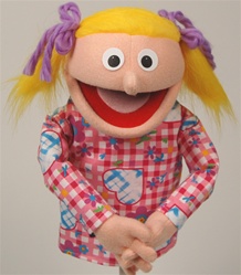 13" Tall Little People Puppet Girl with peach skin and blonde fur pigtails.