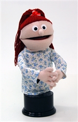 Professional puppet from our line of Little People Puppets measures 13" tall and has peach skin and cranberry yarn pigtails.