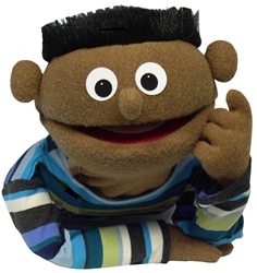 This thirteen inch puppet has cocoa skin and a black flat top.
