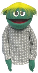 Bernard is a boy hand puppet with green skin, no nose, and yellow hair.