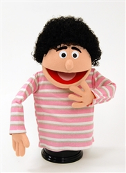 Peach skinned hand puppet woman with dark, curly hair.
