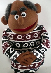 16" cocoa skinned father puppet with salt and pepper receding hair.