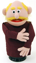 16" peach skinned dad puppet with yellow mustache and receding yellow hair.