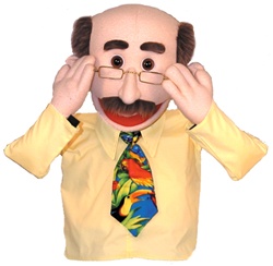 18" tall man puppet with receding hair and glasses.