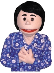 18" tall woman puppet with short black hair and sparkling eyes.