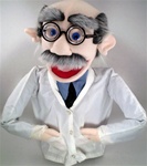18" scientist puppet with thick glasses, big nose and receding hair with salt and pepper mustache.