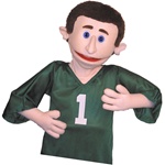 18" Male puppet with green jersey, short hair and unusual eyes.