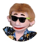 18" puppet with sunglasses and hawaiian shirt and bleach blonde hair.
