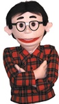 18" tall professional puppet designed to look like a nerd.  Features glasses with tape, freckles and a warm smile.
