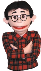 18" tall professional puppet designed to look like a nerd.  Features glasses with tape, freckles and a warm smile.