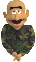 Major Buzz is a professional puppet with honey colored skin and camouflage clothing.