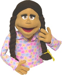 Maggie is a honey skinned 20 inch tall professional puppet with brown braids.