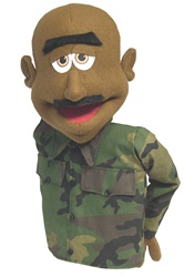 Major Buzz is a Cocoa skinned military puppet sold with camouflage shirt and bald head with dark eyebrows.