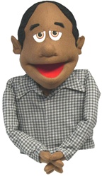 Cocoa skinned puppet with black receding hair.