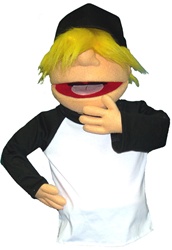 Wade is a blonde puppet with hair over his eyes.  (He has no eyes) and a black baseball cap.