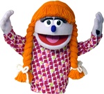 Priscilla is a girl puppet with lavender skin and orange braided pigtails.