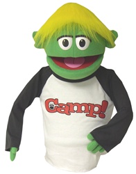Bernard is a green puppet with no nose and yellow hair.