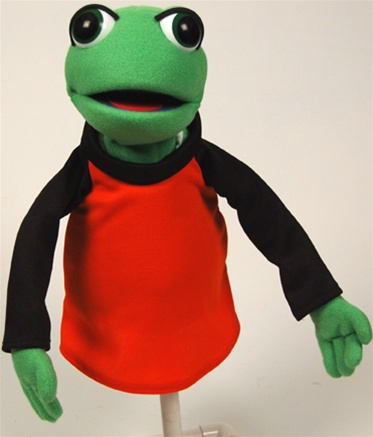 Frog puppet featuring swivel neck operation, lightweight construction,  and optional frog legs.