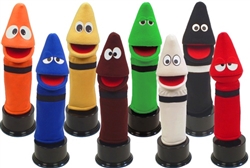 8 different color crayon puppets.
